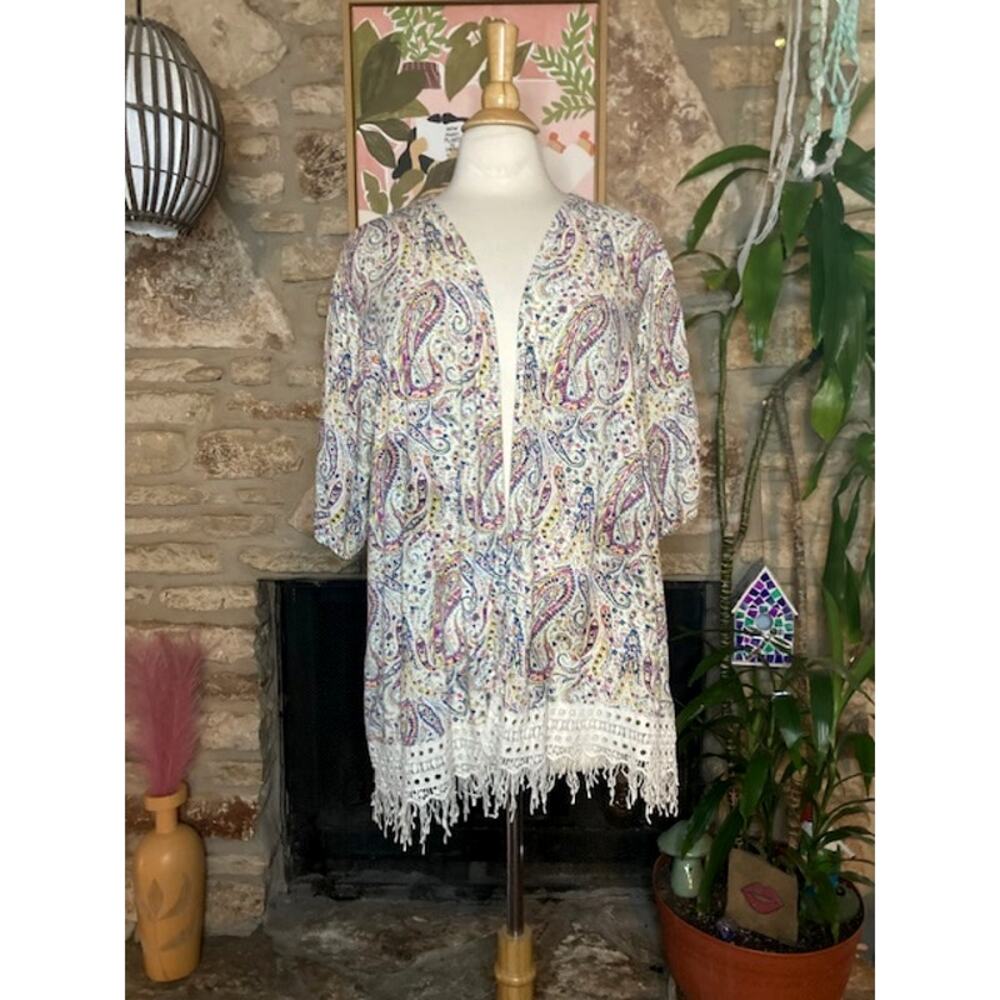 Floral & Paisley Fringe Open Front Cardigan Duster - Bobeau - Size Large